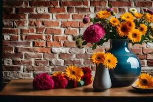 uma vaso com flores em uma mesa Próximo para uma tijolo muro. gerado por IA foto