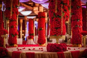 uma vermelho e ouro Casamento recepção com alta pilares. gerado por IA foto