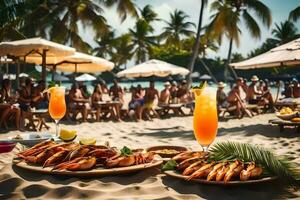 uma mesa com camarão e bebidas em a de praia. gerado por IA foto