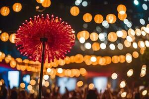 uma vermelho flor com luzes dentro a fundo. gerado por IA foto