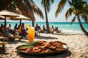 uma prato do camarão em a de praia com a laranja bebida. gerado por IA foto