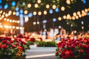 uma Casamento cerimônia com flores e luzes. gerado por IA foto