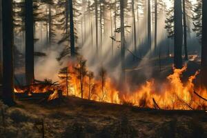 uma floresta fogo dentro a madeiras com chamas e fumaça. gerado por IA foto