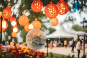 uma discoteca bola dentro a meio do uma campo do flores gerado por IA foto