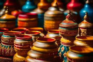 colorida panelas e vasos estão exibido dentro uma loja. gerado por IA foto