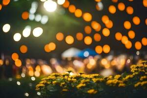 uma grupo do amarelo flores dentro frente do uma iluminado área. gerado por IA foto