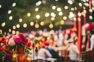 uma Casamento recepção com colorida flores e velas. gerado por IA foto