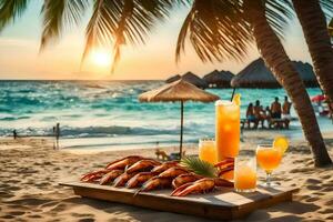 lagosta e bebidas em a de praia às pôr do sol. gerado por IA foto