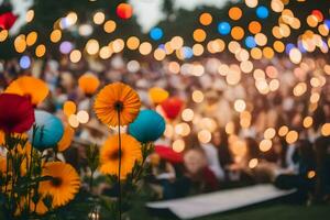 uma multidão do pessoas às uma festa com colorida flores gerado por IA foto