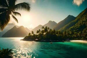 uma tropical ilha com Palma árvores e montanhas. gerado por IA foto