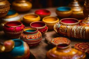 muitos colorida panelas e vasos estão em mostrar. gerado por IA foto