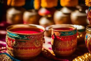 ouro e vermelho Casamento copos em uma mesa. gerado por IA foto