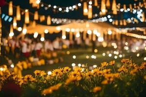 amarelo flores e velas dentro a Relva às noite. gerado por IA foto