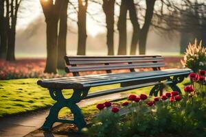 uma Banco senta dentro a meio do uma parque com flores gerado por IA foto