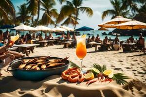 uma de praia com uma mesa com camarão, bebidas e uma coquetel. gerado por IA foto