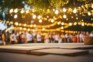 uma Casamento cerimônia debaixo a árvores com luzes. gerado por IA foto