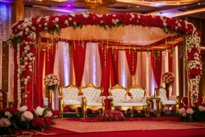 a indiano Casamento cerimônia com vermelho e branco decorações. gerado por IA foto