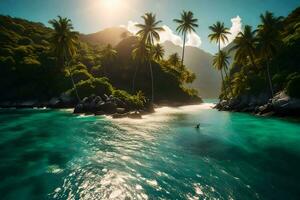 uma tropical ilha com Palma árvores e água. gerado por IA foto