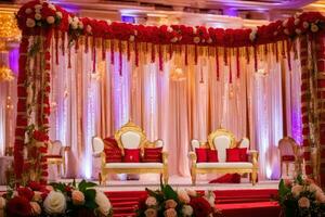 a indiano Casamento cerimônia com vermelho e ouro decorações. gerado por IA foto