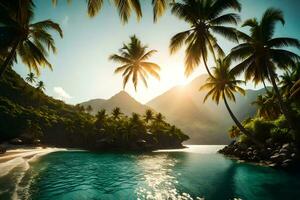 tropical de praia com Palma árvores e montanhas. gerado por IA foto