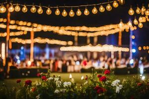 uma noite Tempo Visão do uma Casamento recepção com luzes e flores gerado por IA foto