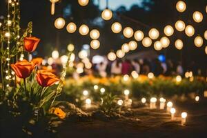 flores e velas estão aceso acima dentro a escuro. gerado por IA foto