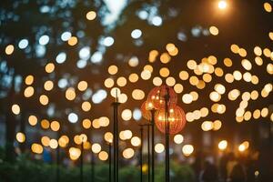 muitos luzes estão aceso acima dentro uma parque. gerado por IA foto