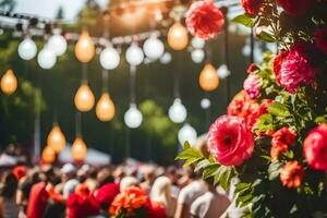 uma multidão do pessoas às a ao ar livre evento com flores gerado por IA foto