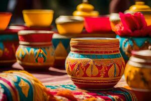 colorida panelas e vasos estão exibido em uma mesa. gerado por IA foto