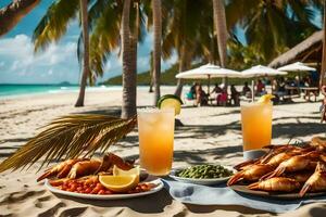 uma mesa com camarão, bebidas e Comida em a de praia. gerado por IA foto