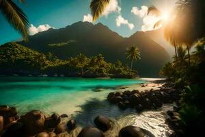 a Sol brilha sobre uma tropical de praia com Palma árvores gerado por IA foto