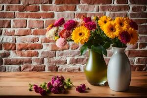 ramalhete do flores em uma mesa dentro frente do uma tijolo muro. gerado por IA foto