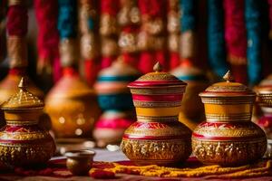 indiano Casamento decoração com colorida panelas e vasos. gerado por IA foto