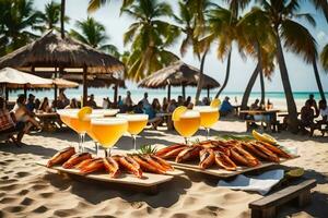 uma mesa com bebidas e Comida em a de praia. gerado por IA foto