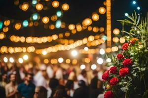 uma multidão do pessoas às uma Casamento com luzes. gerado por IA foto