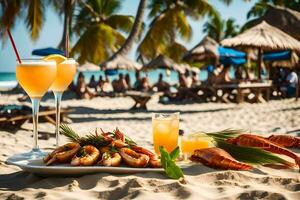 uma de praia com Comida e bebidas em isto. gerado por IA foto