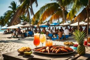uma mesa com Comida e bebidas em a de praia. gerado por IA foto