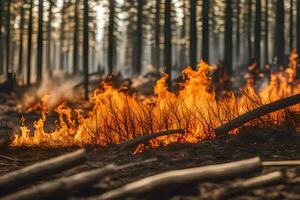 uma floresta fogo dentro a meio do uma floresta. gerado por IA foto