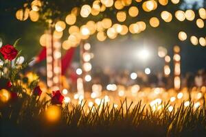 uma campo do flores e luzes às noite. gerado por IA foto