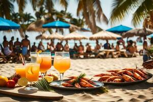 uma mesa com Comida e bebidas em a de praia. gerado por IA foto