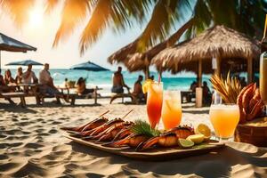 uma mesa com camarão e bebidas em a de praia. gerado por IA foto