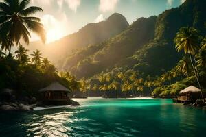 tropical ilha com cabanas e Palma árvores gerado por IA foto