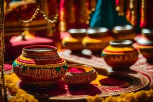 indiano Casamento decoração com colorida panelas e tigelas. gerado por IA foto