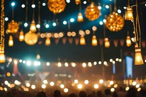 uma multidão do pessoas às uma festa com luzes suspensão a partir de a teto. gerado por IA foto