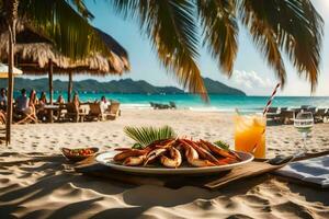 uma prato do camarão e bebidas em a de praia. gerado por IA foto