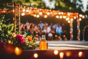 uma garrafa do Cerveja e flores em uma estágio. gerado por IA foto