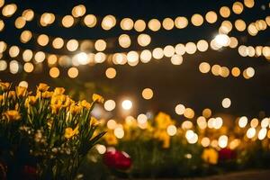 amarelo tulipas dentro a jardim debaixo uma corda do luzes. gerado por IA foto