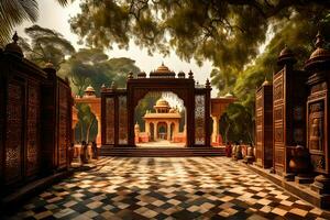 uma lindo Entrada para uma Palácio dentro Índia. gerado por IA foto