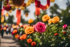 Rosa rosas dentro uma jardim com laranja e amarelo decorações. gerado por IA foto