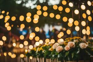 flores dentro uma de madeira cerca com luzes atrás eles. gerado por IA foto